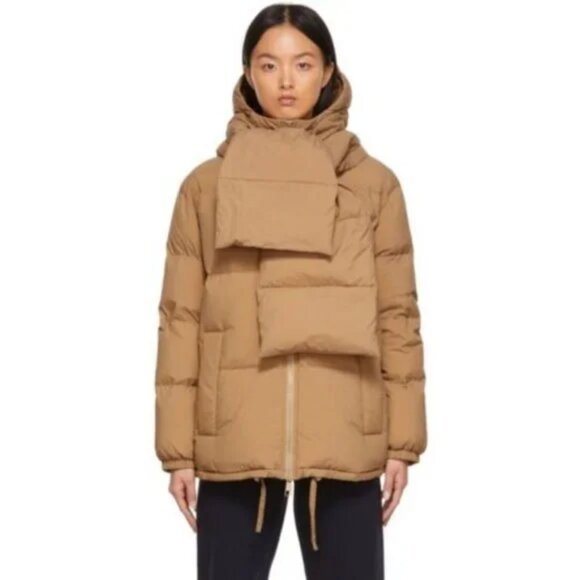 Hugo Boss Women's Real Duck Down Patinara Puffer Coat Jacket Brown Scarf Hood - Picture 1 of 11